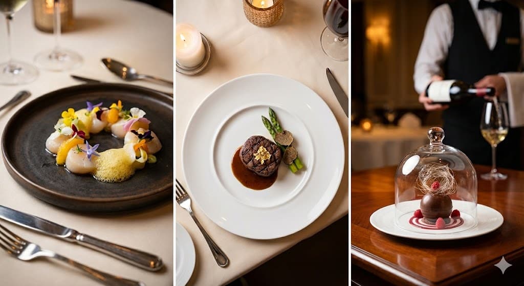 Scallop appetizer, beef entrée, and chocolate dessert plated with wine service