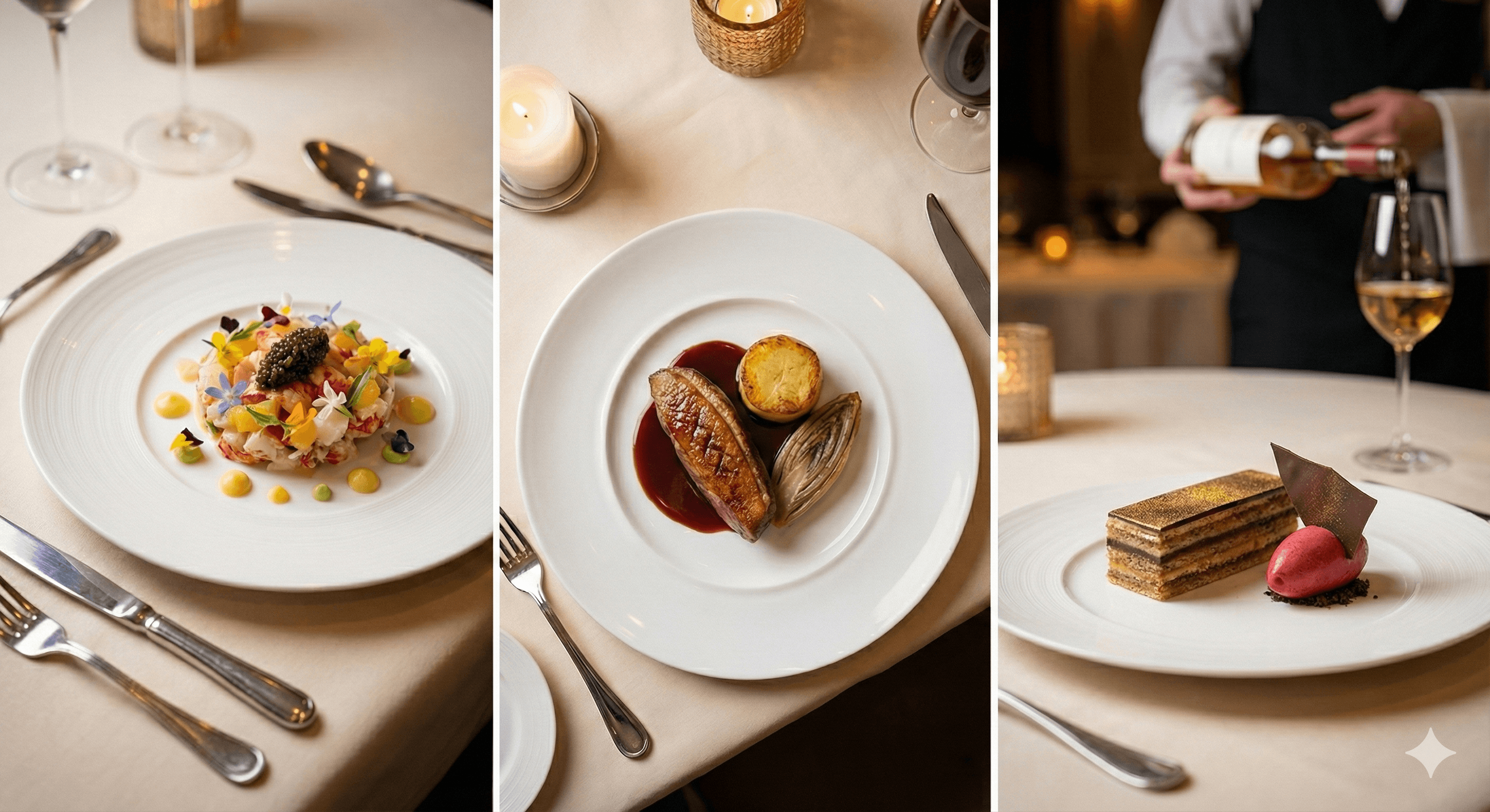 Signature menu progression with caviar, duck, and chocolate dessert